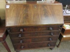 19TH CENTURY MAHOGANY BUREAU WITH FOUR FULL WIDTH DRAWERS ON TURNED BUN FEET