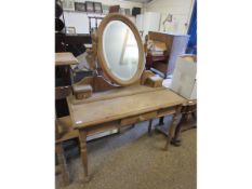 PINE FRAMED OVAL MIRRORED BACK DRESSING TABLE FITTED WITH SINGLE DRAWER ON TURNED LEGS