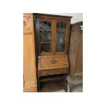 EARLY 20TH CENTURY OAK FRAMED BUREAU BOOKCASE WITH TWO LEADED AND GLAZED DOORS THE DROP FRONT WITH
