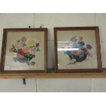 TWO SQUARE OAK FRAMED EMBROIDERED PICTURES OF FLOWERS