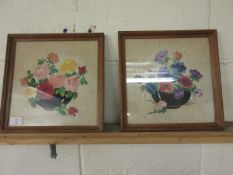 TWO SQUARE OAK FRAMED EMBROIDERED PICTURES OF FLOWERS