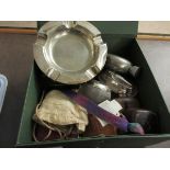 BOX CONTAINING A SILVER PLATED MAPPIN & WEBB ASHTRAY SILVER TOPPED MATCH STRIKER MODERN WRISTWATCHES