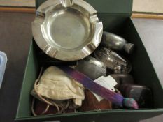BOX CONTAINING A SILVER PLATED MAPPIN & WEBB ASHTRAY SILVER TOPPED MATCH STRIKER MODERN WRISTWATCHES