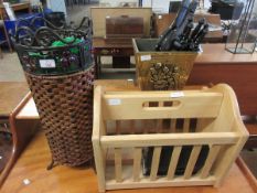 BIN WITH IRON TOP TOGETHER WITH A BEECHWOOD MAGAZINE RACK SHAVING BRUSHES PRESSED BRASS BIN AND