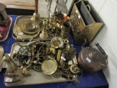 TWO TRAYS CONTAINING MIXED BRASS ORNAMENTS HAND BELLS HORSE BRASSES COPPER KETTLE ETC (QTY)