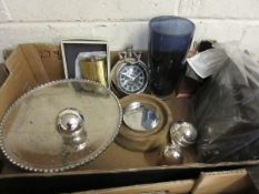 TRAY TO INCLUDE CAKE STAND ASSORTED HIP FLASK GLASS VASE ETC
