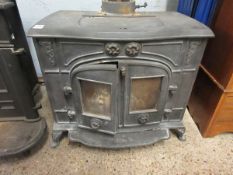 LARGE CAST IRON WOOD BURNING STOVE WITH DOUBLE DOOR FRONT