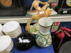 PAINTED CAST IRON DOOR STOP OF A COCK PHEASANT TOGETHER WITH A FURTHER DECORATED VASE AND A HEAVY