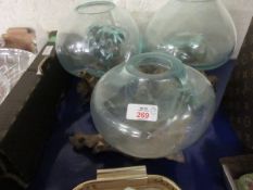 THREE RUSTIC GLASS BOWLS ON STANDS