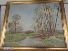 GILT FRAMED OIL ON CANVAS OF A LANDSCAPE SCENE