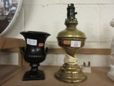 CONVERTED VICTORIAN BRASS OIL LAMP TOGETHER WITH A FURTHER TWO-HANDLED URN (2)