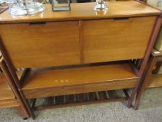 RETRO TEAK FRAMED (POSSIBLY G-PLAN) DESK WITH TWO DROP FRONTS WITH OPEN SHELVES FITTED WITH TWO