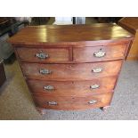 19TH CENTURY MAHOGANY BOW FRONTED TWO OVER THREE FULL WIDTH DRAWER CHEST WITH TURNED BUN FEET
