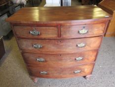 19TH CENTURY MAHOGANY BOW FRONTED TWO OVER THREE FULL WIDTH DRAWER CHEST WITH TURNED BUN FEET