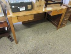 OAK FRAMED REXINE TOPPED DESK WITH TWO DRAWERS