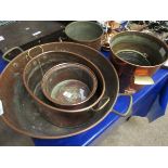 MIXED LOT OF COPPER WARES TO INCLUDE TWO HANDLED PRESERVING PAN OVAL TROUGH COPPER CHAMPAGNE TYPE