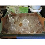 BOX CONTAINING MIXED CUT GLASS DECANTERS TUMBLERS ETC