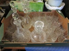 BOX CONTAINING MIXED CUT GLASS DECANTERS TUMBLERS ETC