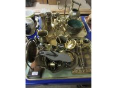 TWO TRAYS CONTAINING MIXED BRASS WARE VASES CANDELABRA HORSE ORNAMENTS ETC