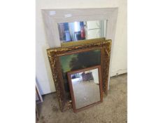 OAK FRAMED MIRROR TOGETHER WITH A FURTHER GILT FRAMED PRINT AND A FURTHER MIRROR (3)