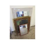 OAK FRAMED MIRROR TOGETHER WITH A FURTHER GILT FRAMED PRINT AND A FURTHER MIRROR (3)