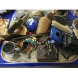 TRAY CONTAINING MIXED SMALL LEAD TROUGH MONEY BOX WICKER HIP FLASK ETC