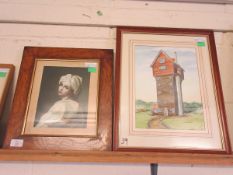 WALNUT FRAMED PRINT OF BEATRIX CENSI TOGETHER WITH A FURTHER WATERCOLOUR OF A WINDMILL (2)