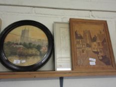 CIRCULAR WATERCOLOUR OF GLOUCESTER TOGETHER WITH A NURSERY PRINT AND A FURTHER SPECIMEN WOOD