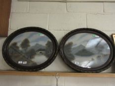 PAIR OF OVAL FRAMED MIXED MEDIA OF LANDSCAPE SCENES