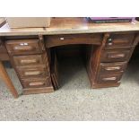 OAK FRAMED CONVERTED ROLL TOP DESK WITH TWO PEDESTALS EACH WITH FOUR DRAWERS WITH CENTRAL DRAWER