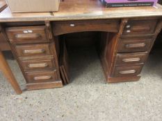 OAK FRAMED CONVERTED ROLL TOP DESK WITH TWO PEDESTALS EACH WITH FOUR DRAWERS WITH CENTRAL DRAWER