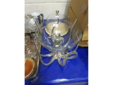 OCTOPUS FORMED STAND WITH GLASS BOWL TOGETHER WITH A BEECHWOOD BASED CAKE DISPLAY STAND