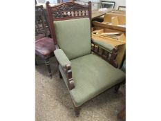 EDWARDIAN WALNUT CARVED FRAMED GENTLEMAN~S CHAIR WITH GREEN STRIPED UPHOLSTERY