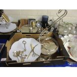 BOX TO INCLUDE ENAMEL CAKE STAND FURTHER STANDS SILVER PLATED TEA SPOONS ETC