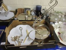 BOX TO INCLUDE ENAMEL CAKE STAND FURTHER STANDS SILVER PLATED TEA SPOONS ETC