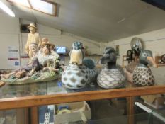 THREE MODERN DECOY DUCK TYPE ORNAMENTS TOGETHER WITH TWO FURTHER CAPO DI MONTE TYPE ORNAMENTS AND