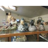 THREE MODERN DECOY DUCK TYPE ORNAMENTS TOGETHER WITH TWO FURTHER CAPO DI MONTE TYPE ORNAMENTS AND