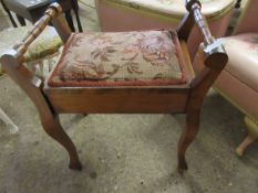 EDWARDIAN WALNUT PIANO STOOL WITH LIFT UP LID AND RAIL SIDES ON SHAPED LEGS