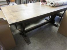 EARLY 20TH CENTURY OAK PLANKED TOP REFECTORY TABLE WITH SHAPED ENDS