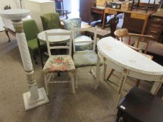 TWO WHITE PAINTED BAR BACK CHAIRS WITH UPHOLSTERED SEATS TOGETHER WITH A TWISTED COLUMN PLANT