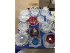 QUANTITY OF MIXED GLASS WARE TO INCLUDE SILVER PLATED SALAD BOWLS RED GLAZED DISHES ETC