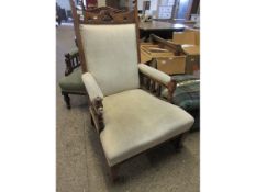 OAK FRAMED BEIGE UPHOLSTERED CHAIR WITH BRASS CASTERS