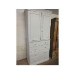 PINE FRAMED PAINTED LINEN PRESS THE TOP FITTED WITH TWO DRAWERS WITH FITTED SHELVES THE BASE WITH