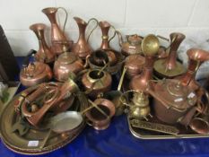 LARGE QUANTITY OF MIXED MODERN COPPER AND BRASS WARE TO INCLUDE A BUGLE SET OF COPPER JUGS VASES TEA