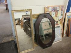 RECTANGULAR GILT FRAMED MIRROR TOGETHER WITH A CREAM FRAMED MIRROR MIXED PRINTS AND AN OIL ON