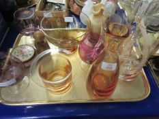 TRAY CONTAINING MIXED COLOURED GLASS BOWLS ETCHED BRANDY BALLOONS ETC