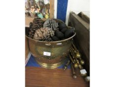 PRESSED BRASS COAL SCUTTLE WITH MIXED ANDIRONS