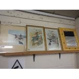 THREE MIXED PRINTS TO INCLUDE AN ORIENTAL PRINT OF A RICKSHAW AND A PAINTED MIRROR (4)