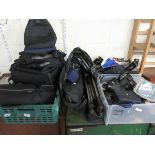 BOX CONTAINING MIXED CAMERA CASES TOGETHER WITH TRIPODS MIXED CAMERA LENSES BODIES ETC (QTY)