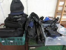 BOX CONTAINING MIXED CAMERA CASES TOGETHER WITH TRIPODS MIXED CAMERA LENSES BODIES ETC (QTY)